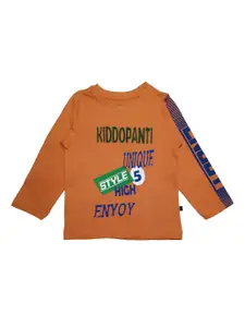 KiddoPanti Boys Orange Printed Round Neck Pure Cotton T-shirt