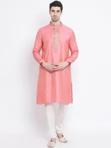 Sanwara Men Pink & Gold-Coloured Self Design Silk Kurta with Churidar