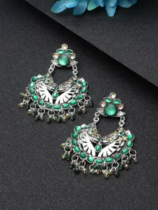 Moedbuille Silver-Plated & Green Handcrafted Crescent Shaped Chandbalis