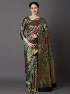 Mitera Khaki Silk Blend Woven Design Kanjeevaram Saree
