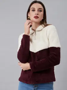 Athena Women Burgundy & White Colourblocked Fuzzy Pullover Sweater