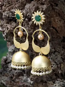 Moedbuille Gold-Plated & Green Handcrafted Dome Shaped Jhumkas