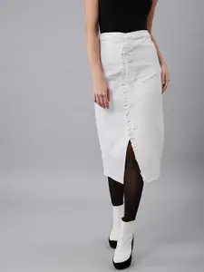 Athena Women White Solid Midi Denim Pencil Skirt
