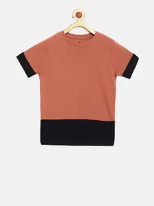 DILLINGER Boys Rust Brown Colourblocked Round Neck Pure Cotton T-shirt