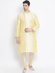 Sanwara Men Yellow & Beige Woven Design Kurta with Churidar