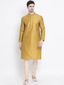 Sanwara Men Gold-Toned & White Woven Design Kurta with Churidar