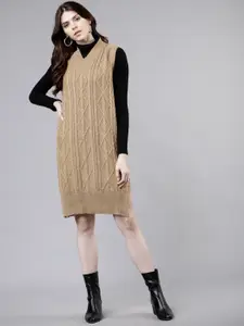 Tokyo Talkies Women Beige Self Design Jumper Dress