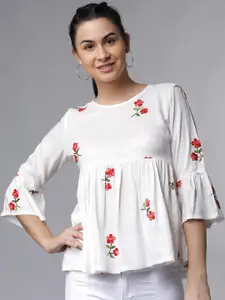 Tokyo Talkies Women Off-White Floral Embroidered Top