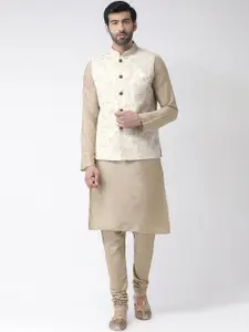 KISAH Men Cream-Coloured & Gold-Coloured Solid Handloom Kurta with Churidar & Nehru Jacket