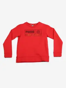 Puma Boys Red & Black Alpha Graphic Crew FL BPrinted Sweatshirt