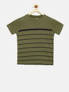 DILLINGER Boys Olive Green Striped Round Neck Pure Cotton T-shirt