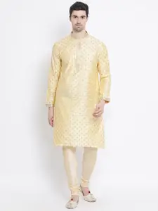 Sanwara Men Yellow Woven Design Silk Straight Kurta