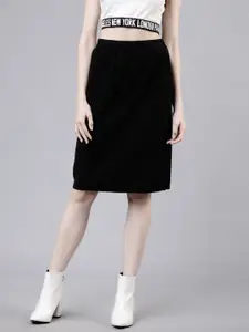 Tokyo Talkies Women Black Solid Knitted Straight Knee-Length Skirt