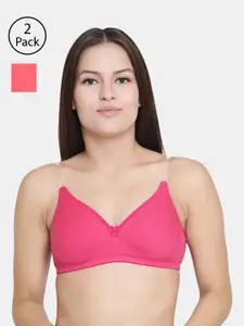 Floret Set Of 2 Magenta & Peach-Coloured Solid Non-Wired Lightly Padded T-shirt Bra F20560