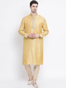 Sanwara Men Yellow Silk Woven Design Straight Kurta