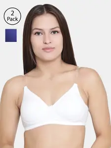 Floret Set Of 2 White & Blue Solid Non-Wired Lightly Padded T-shirt Bra