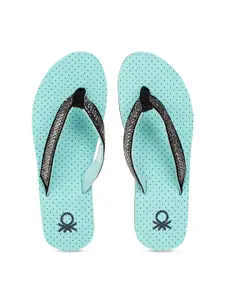 United Colors of Benetton Women Turquoise Blue Printed Thong Flip-Flops