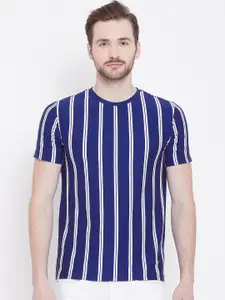 LE BOURGEOIS Men Blue Striped Round Neck Pure Cotton T-shirt