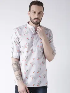 Hangup Men Off-White & Green Floral Printed Straight Kurta