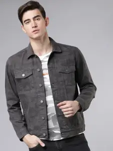 HIGHLANDER Men Charcoal Grey Camouflage Printed Denim Jacket