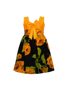 Wish Karo Girls Orange & Black Floral Print Fit and Flare Dress