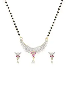 Bhana Fashion Gold-Plated & Magenta Beaded AD-Studded Mangalsutra With Earrings