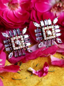 Bhana Fashion White & Gunmetal-Toned American Diamond Rhodium-Plated Diamond Shaped Studs