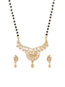 Bhana Fashion Gold-Plated & Black Beaded AD-Studded Mangalsutra With Earrings