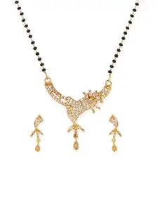 Bhana Fashion Gold-Plated & Black Beaded AD-Studded Mangalsutra With Earrings