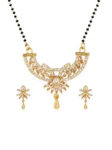 Bhana Fashion Gold-Plated & Black Beaded AD-Studded Mangalsutra With Earrings