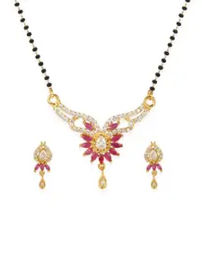 Bhana Fashion Gold-Plated & Magenta Beaded AD-Studded Mangalsutra With Earrings