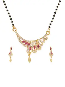Bhana Fashion Gold-Plated & Magenta Beaded AD-Studded Mangalsutra With Earrings
