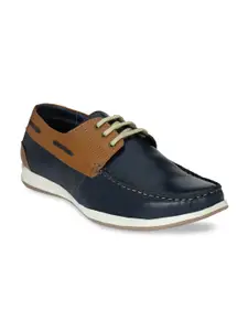 John Karsun Men Navy Blue & Tan Brown Leather Boat Shoes