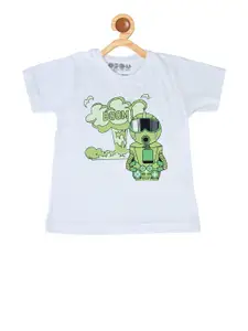 OBOW Boys White  Green Printed Round Neck Pure Cotton T-shirt