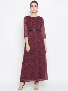 PURYS Women Maroon Floral Print Maxi Dress