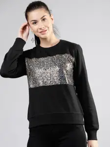 Tokyo Talkies Women Black Embellished Sweatshirt