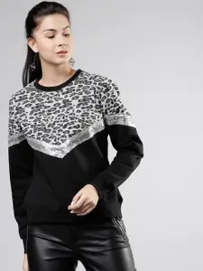 Tokyo Talkies Women Black & Silver-Toned Printed Sweatshirt