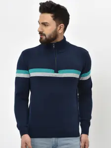 ARMISTO Men Navy Blue Striped Half Zipper Sweater