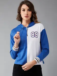 DOLCE CRUDO Women Blue & White Colourblocked Hooded Sweatshirt