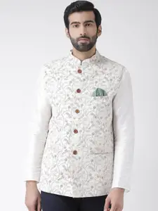 KISAH Men Cream-Coloured & Red Printed Pure Cotton Nehru Jacket