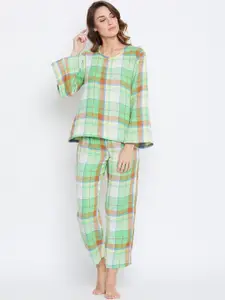 The Kaftan Company Women Green & Orange Checked Reversible Night suit LW_CO_ALYSSA10