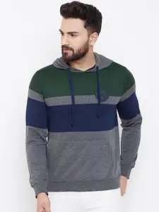 Austin wood Men Grey & Blue Colourblocked Hooded Sweatshirt