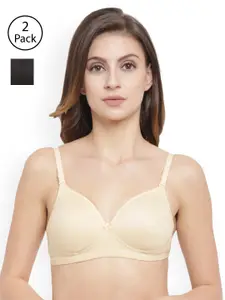 Floret Pack Of 2 Black & Beige Solid Non-Wired Lightly Padded T-shirt Bra