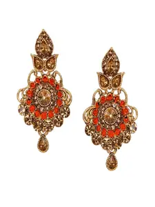 ANIKAS CREATION Orange & Gold-Plated Floral Drop Earrings