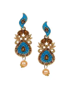 ANIKAS CREATION Blue & Gold-Plated Teardrop Shaped Drop Earrings