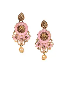 ANIKAS CREATION Pink & Gold-Plated Enamelled Classic Drop Earrings