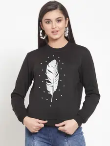KASSUALLY Women Black & Off-White Printed Sweatshirt