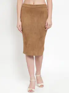KASSUALLY Women Brown Solid Straight Knee-Length Skirt