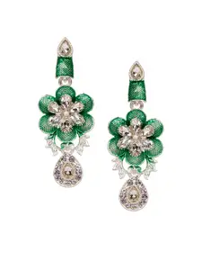 ANIKAS CREATION Green & Silver-Plated Enamelled Classic Drop Earrings