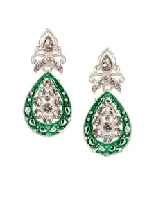 ANIKAS CREATION Green & Silver-Plated Handcrafted Teardrop Shaped Drop Earrings